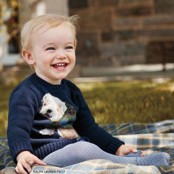 Ralph Lauren Baby Boys Blue Wool Knit Dog Sweater