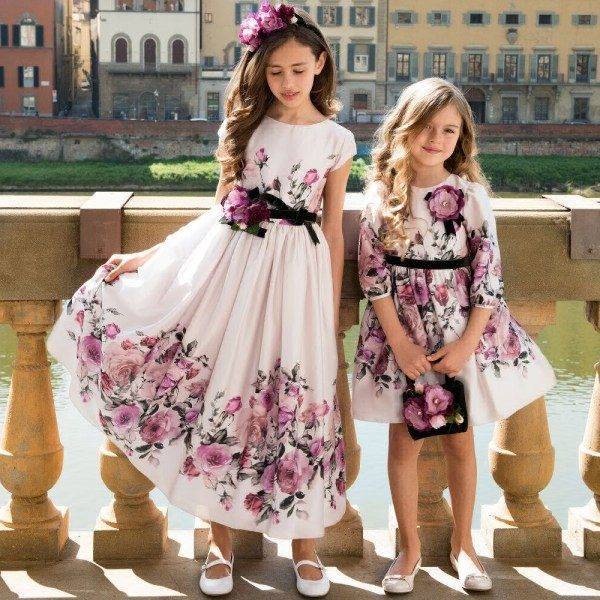 LESY Girls Pink Floral Satin Party Dress