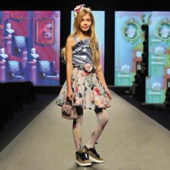 MONNALISA CHIC Girls Designer Metallic Blue Shirt Floral Jacquard Skirt Fashion Show Look