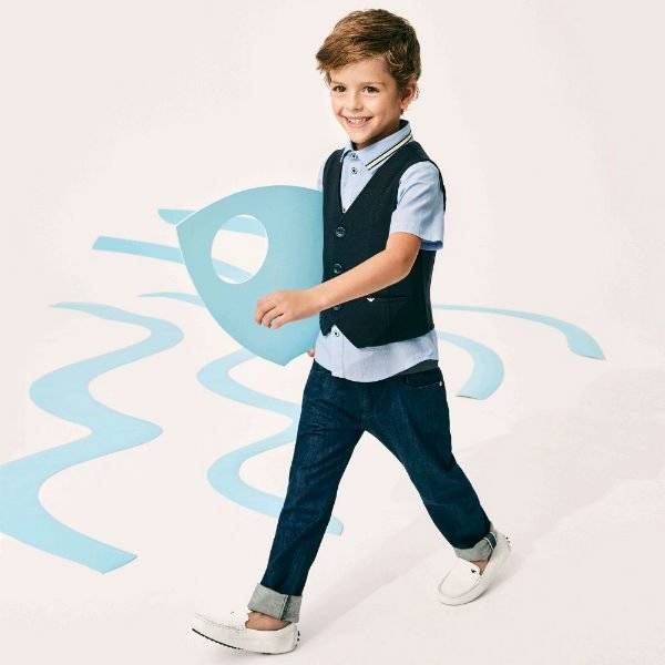 ARMANI JUNIOR Boys Blue Vest Cotton Shirt and Jeans for Spring Summer 2018
