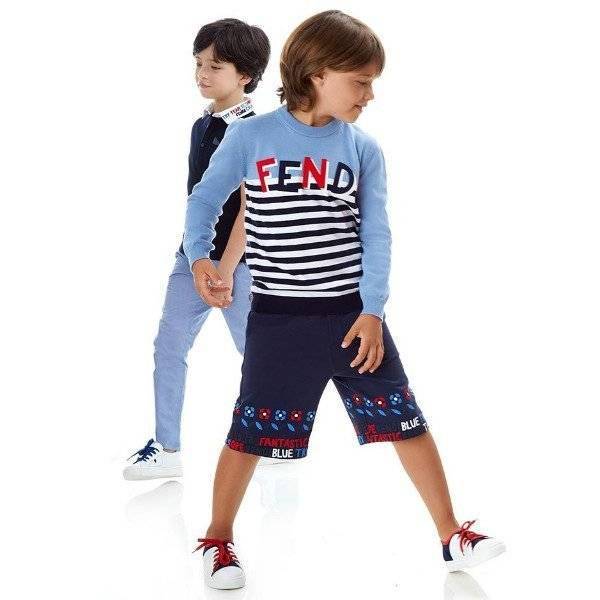 FENDI Boys Blue Stripe Logo Sweater Bandana Print Shorts Spring Summer 2018