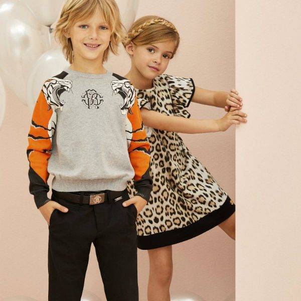 ROBERTO CAVALLI Boys Grey Tiger Sweater Girls Leopard Print Dress Spring Summer 2018