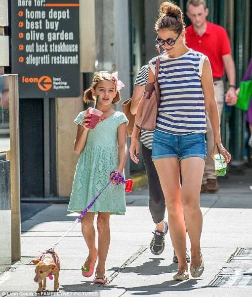 Suri Cruise Walks Dog Honey with Katie Holmes Wearing Burberry Mint Lace Dress