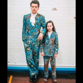 Harry Styles and Beau Gadsdon Gucci Floral Double Breasted Suit in Kiwi Music Video