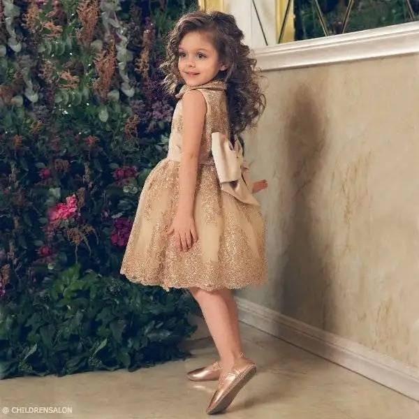 JUNONA Baby Girls Gold Lace Party Dress