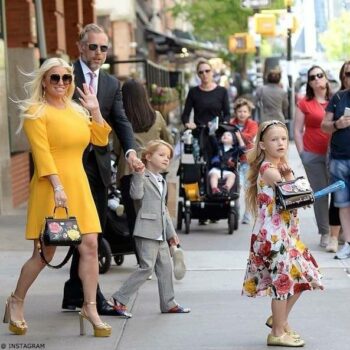 Jessica Simpson with Daughter Maxwell Dolce & Gabbana Mini Me Rose Print Dress NYC May 11