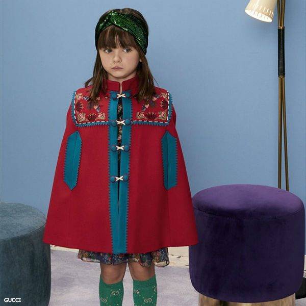 GUCCI Girls Red & Blue Folklore Embroidered A Line Wool Cape