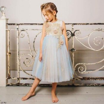LE MU Girls Blue & Gold Tulle Party Dress