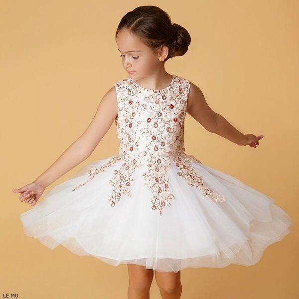LE MU Girls Ivory Embroidered Party Dress