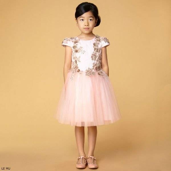 LE MU Girls Pink & Gold Tulle Party Dress