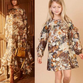 CHLOÉ Girls Mini Me Gold & Beige Silk Dress