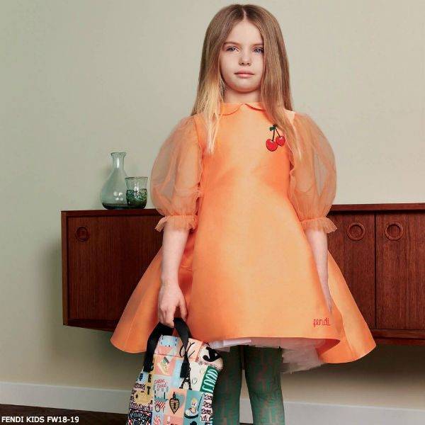 FENDI Girls Peachy Orange Silk Blend Dress