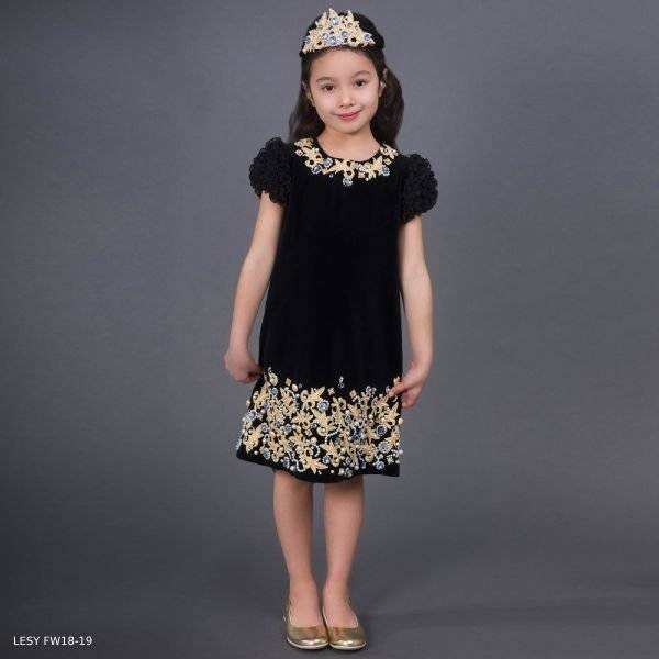 LESY Black Embroidered Gold Velvet Party Dress