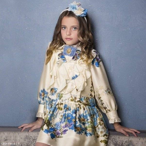 LESY Ivory Blue Floral Ruffle Dress