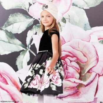 MONNALISA CHIC Black Velvet & Rose Satin Print Dress