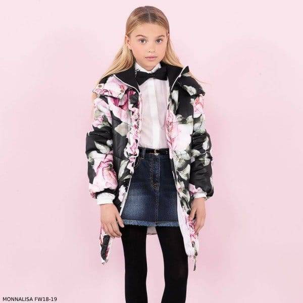 MONNALISA CHIC Girls Black & Pink Floral Print Hooded Coat