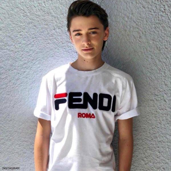 14 year old actor noah schnapp fendi white logo tshirt