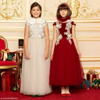 Le Mu Girls Red Velvet & Tamarine Gold Lace & Tulle Dress