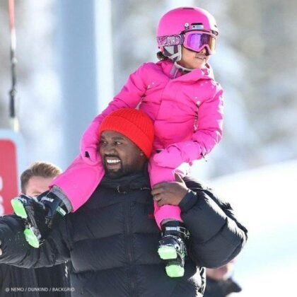 North West Kanye Aspen Skiing Pink Armani Girls Snowsuit
