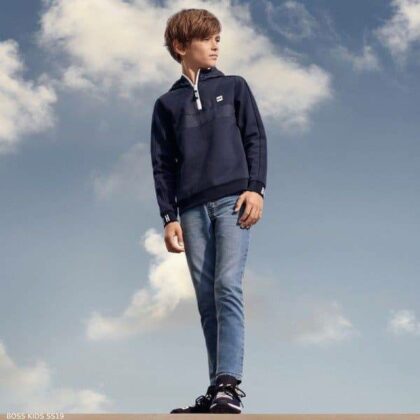 BOSS Boys Navy Blue Sweatshirt Denim Blue Jeans Black Logo Sneakers