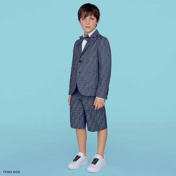 Fendi Boys Blue Chambray FF Logo Blazer Suit Shorts
