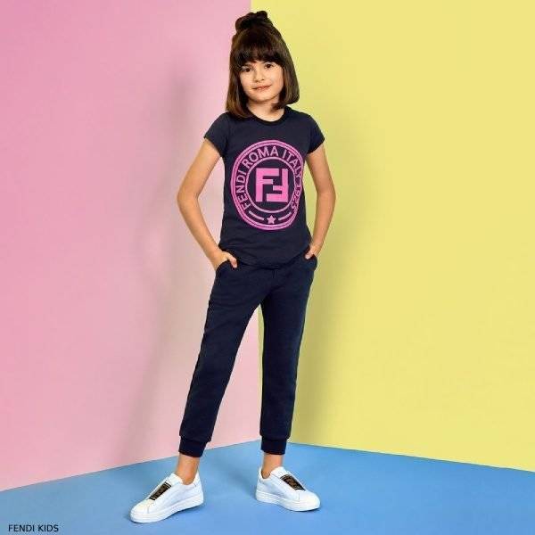 Fendi Special Edition Girls Navy Blue Cotton FF Logo T-Shirt Jogger Pants