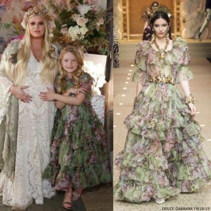 Jessica Simpson Daughter Maxwell Baby Shower Dolce Gabbana Green Floral Silk Dress