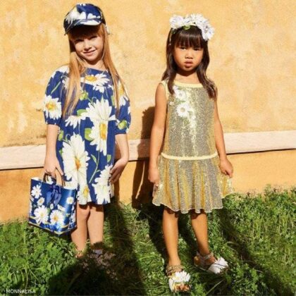 Monnalisa Girls Gold Sequinned Dress & Blue Daisy Dress