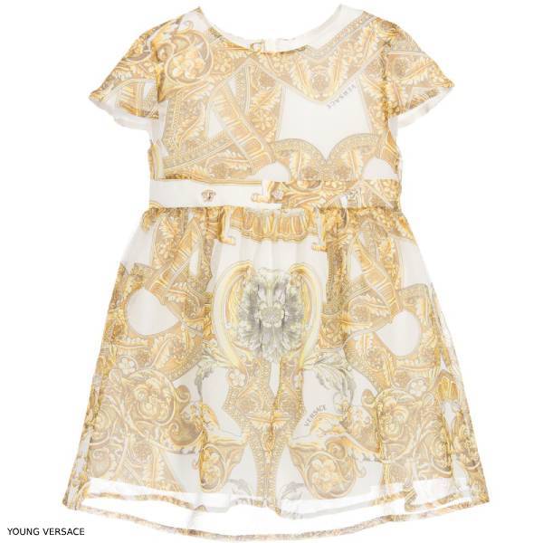 Baby Versace Gold Baroque Print Silk Dress