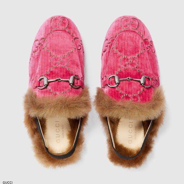 GUCCI Children's Pink Mini Me Princetown GG Velvet Slipper Shoes