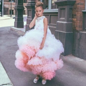 Junona Girls Pink & White Tulle Feather Party Dress