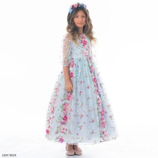 Lesy Girls Blue Floral Long Tulle Party Dress