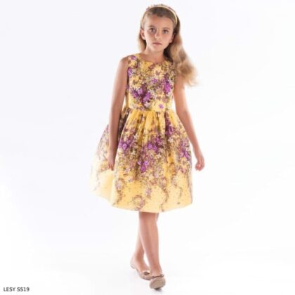 Lesy Girls Luxury Yellow Purple Floral Silk Satin Dress