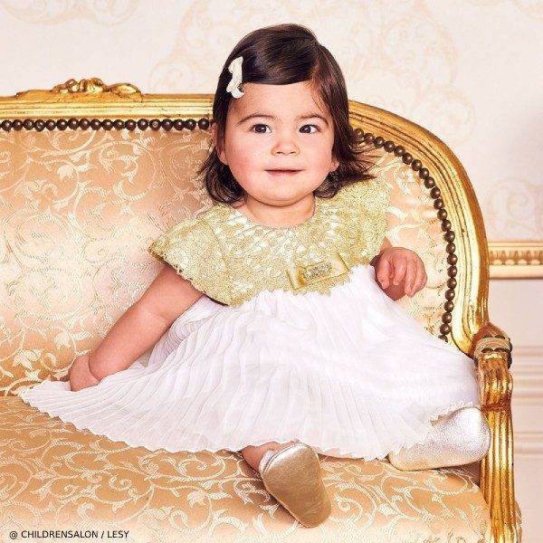 Lesy EID Baby Girls Luxury White & Gold Chiffon Dress