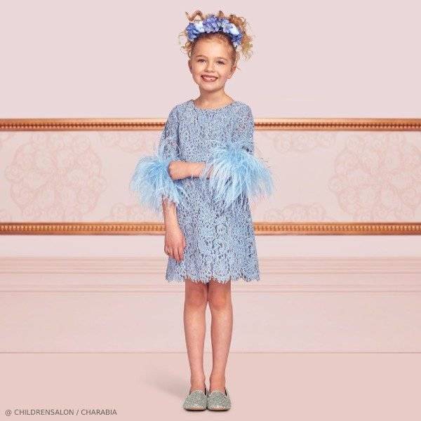 Charabia Girls EID Blue Lace & Feather Party Dress