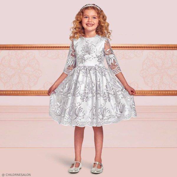 Dresses by CHILDRENSALON Girls EID Embroidered Silver Tulle Dress