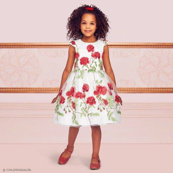 Dresses by CHILDRENSALON Girls EID Ivory Red Flower Embroidered Tulle Dress