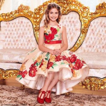 Eirene Girls EID Gold & Red Floral Satin Party Dress