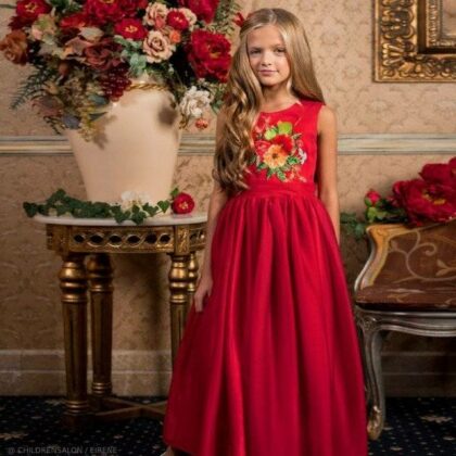 Eirene Girls EID Red Floral Satin & Chiffon Long Party Dress
