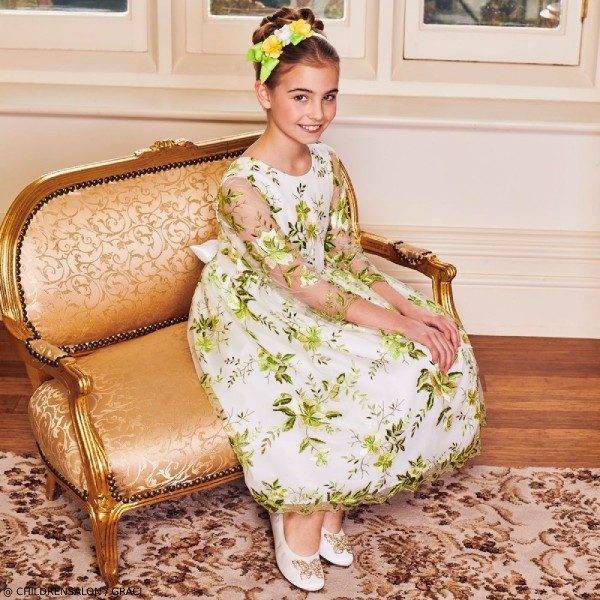 Graci Girls Green Embroidered Tulle Party Dress