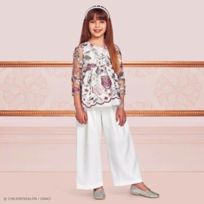 Graci Girls EID Ivory Tulle Floral Shirt Pant Set