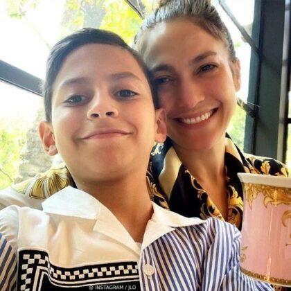 Jennifer Lopez Son Max Muniz Mother Day 2019 Young Versace Boys Blue Stripe Logo Button Down Shirt