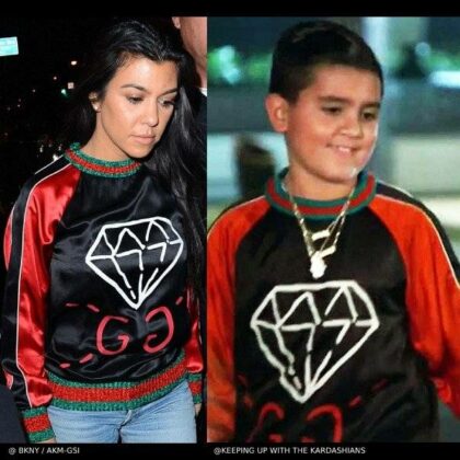 Kourtney Kardashian Mason Disck Gucci Ghost Diamon Blue Red Silk Shirt