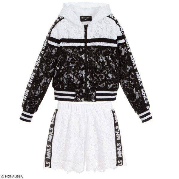 Monnalisa Black & White Lace Jacket & Shorts