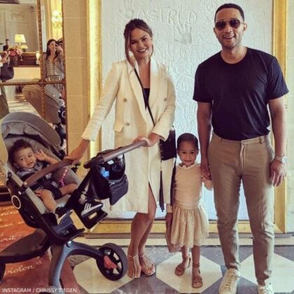 Chrissy Teigen John Legend, son Miles and daughter Luna Stephens Paris France