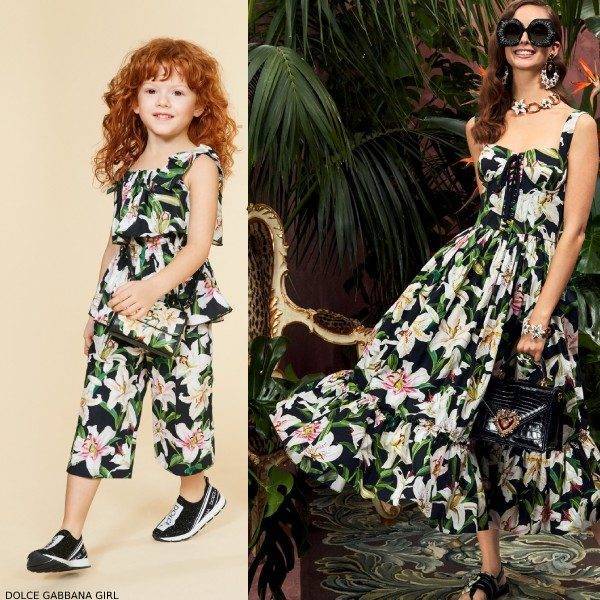 Dolce Gabbana Girl Mini Me Black Lilium Lily Print Shirt Culottes