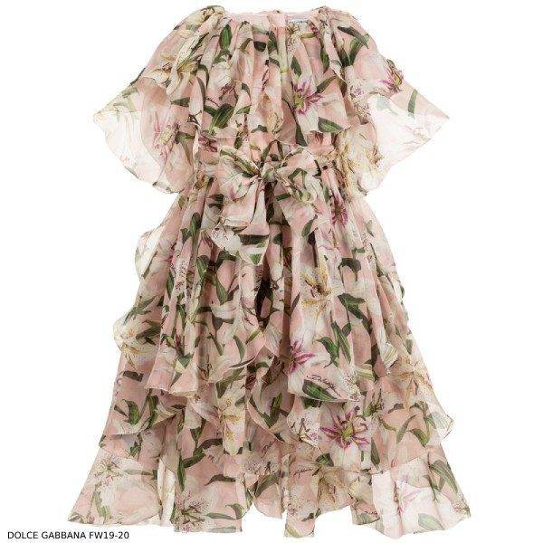 Dolce & Gabbana Girls Mini Me Pink Lily Print Silk Chiffon Dress