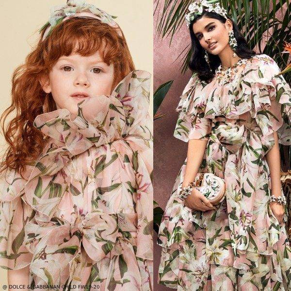 Dolce & Gabbana Girls Mini Me Pink Lily Print Silk Party Dress
