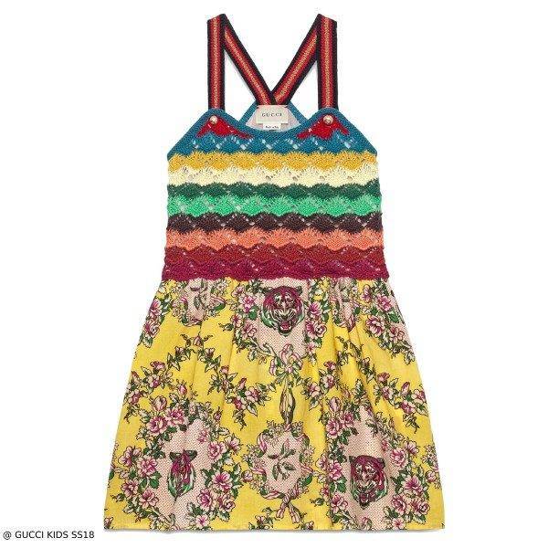 GUCCI Girl's Yellow Tiger Print Dress with Multi-Color Crochet Top