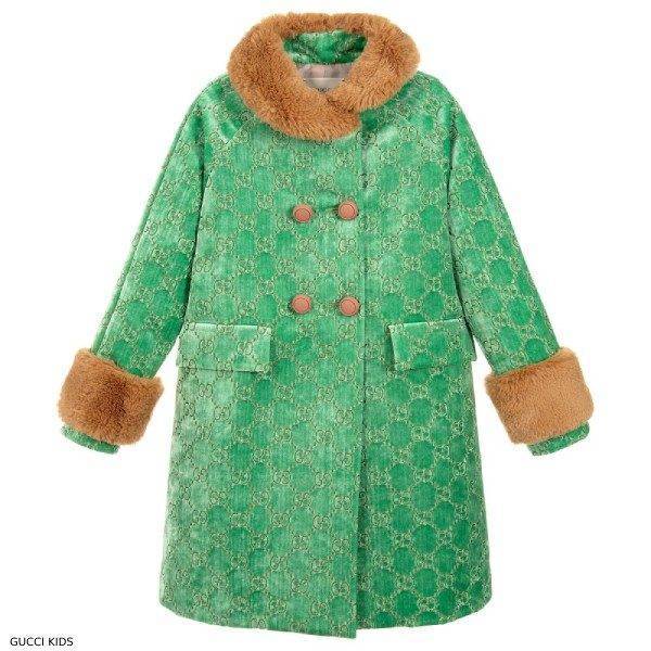 Gucci Girls Green GG Velvet Coat
